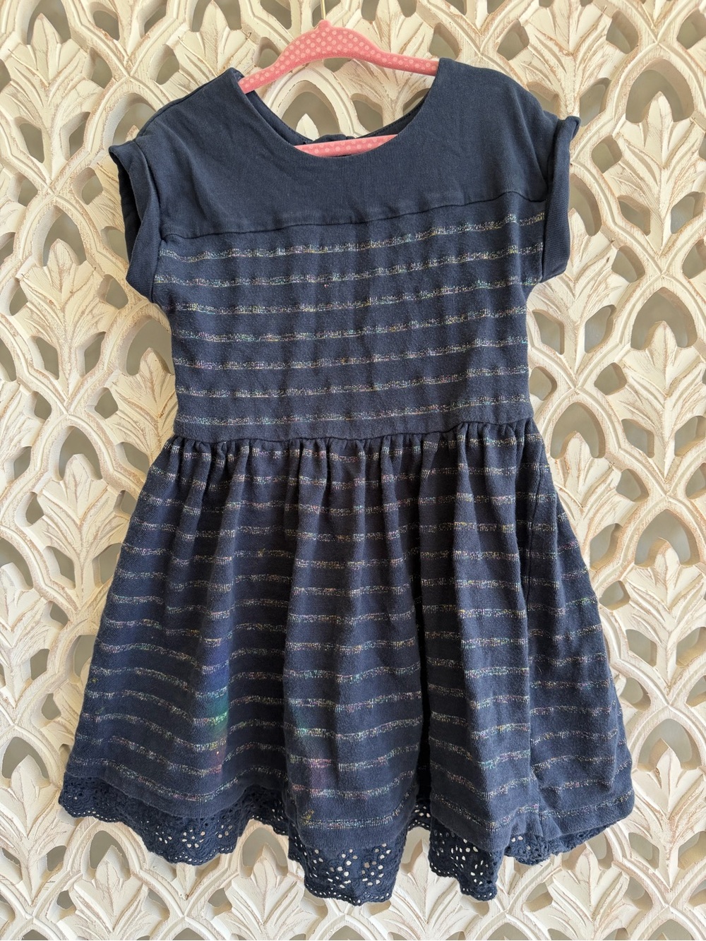 Aphorism Girls 4 Navy Metallic Stripe Eyelet Dress